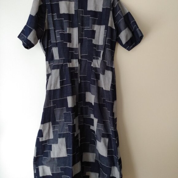 Handmade Denim Jean Patchwork Dress Plus Size 44.5"B 34"W Amish Mennonite Cape - Picture 10 of 14